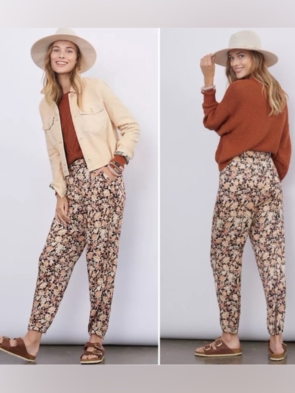 Anthropologie Diandra Pleated Joggers with Gold and Tan on Black Floral Print